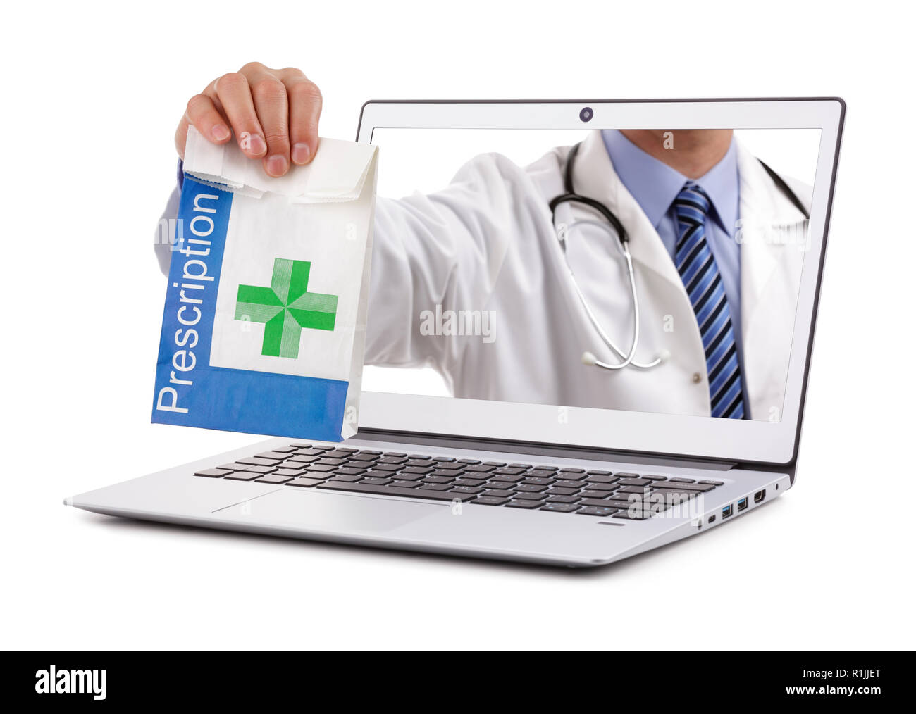 Internet drug store concetto medico tenendo la prescrizione di farmaco attraverso un schermo di computer portatile Foto Stock
