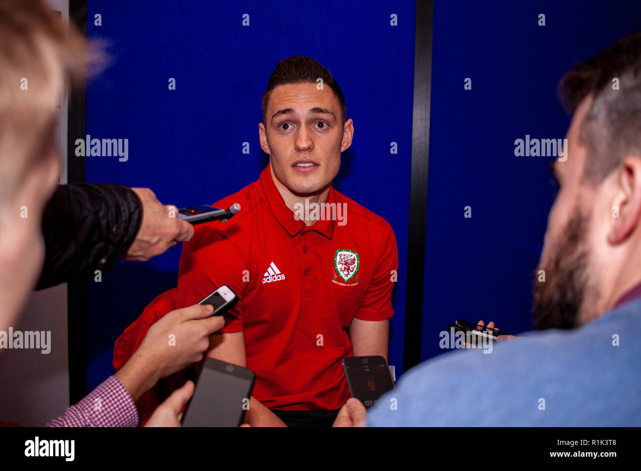 Cardiff, Galles. 13 Novembre, 2018. Il Galles defender Connor Roberts facce dei media in vista del match contro la Danimarca in UEFA la lega delle nazioni. Lewis Mitchell/YCPD. Credito: Lewis Mitchell/Alamy Live News Foto Stock