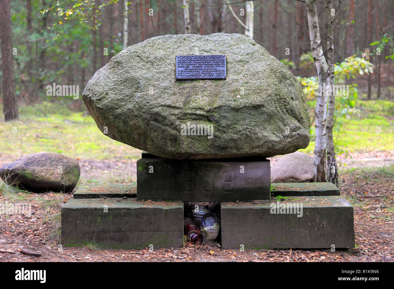 Palmiry, Mazovia / Polonia - 2009/01/11: monumento storico della II Guerra Mondiale armor battaglia dal 1939 nell'Kampinoski Parco Nazionale di foresta. Foto Stock
