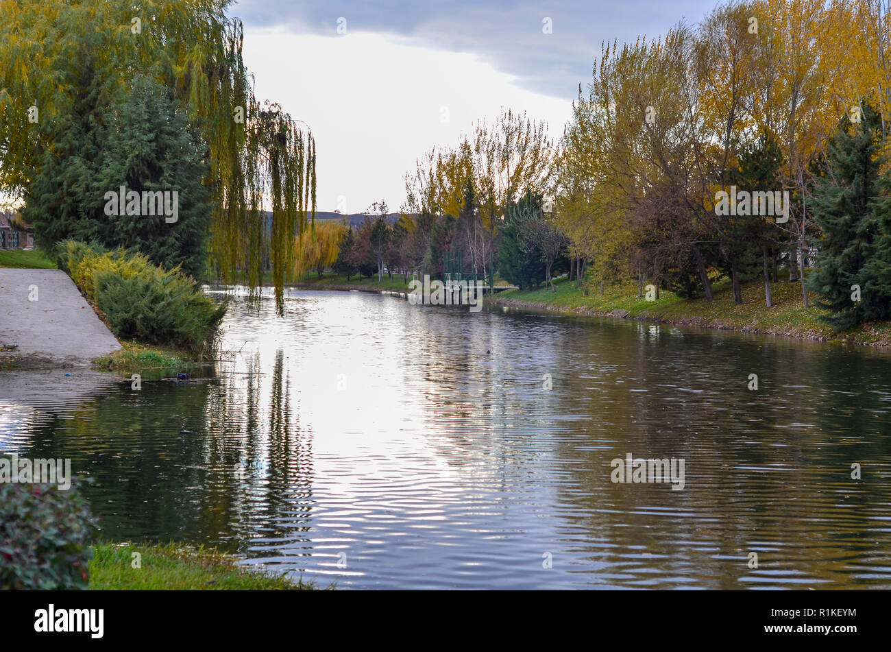 Autunno paesaggio con fiume al giorno di sole,rurale scena di riflessione. Foto Stock