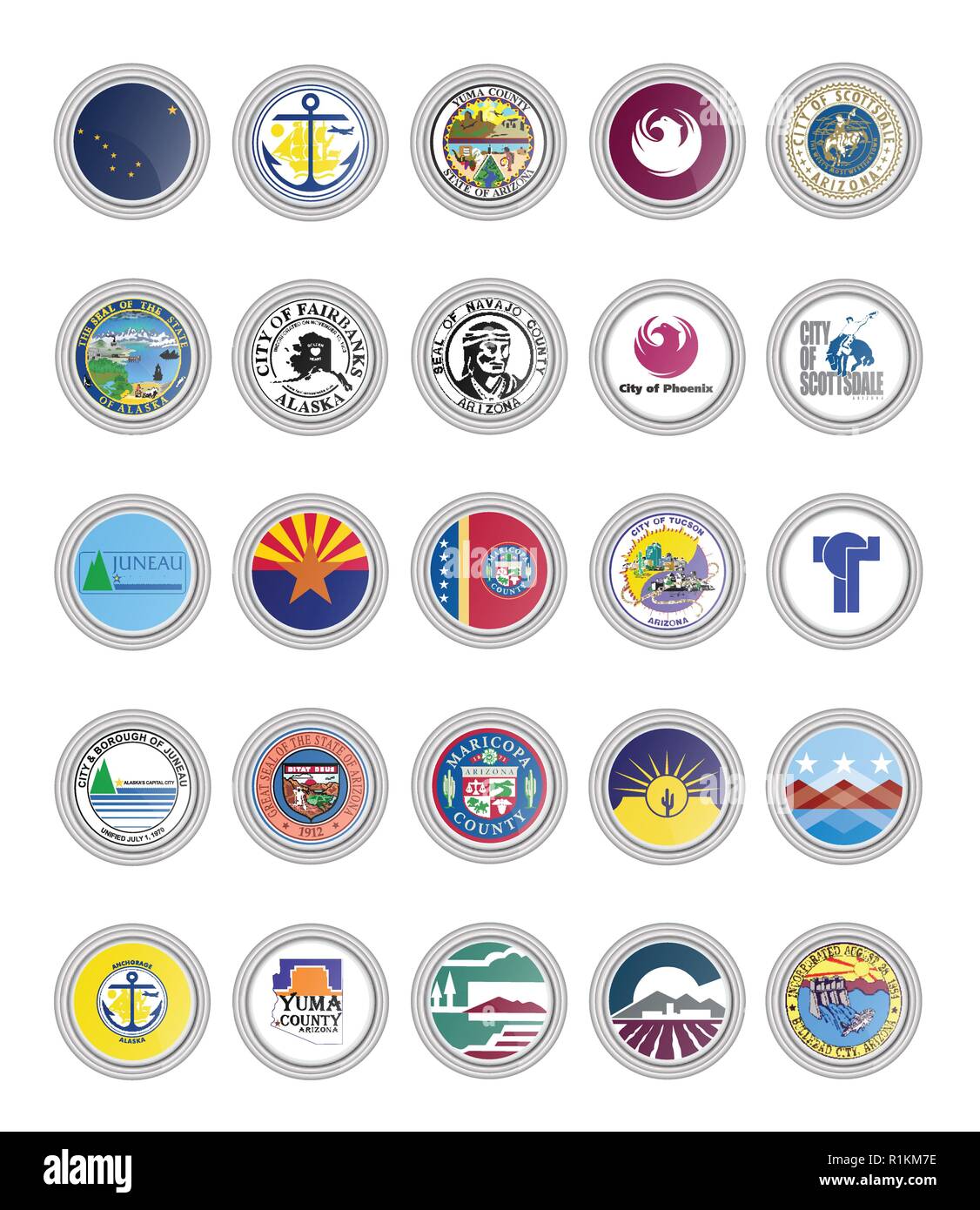 Set di icone vettoriali. Bandiere di Alaska e Arizona Stati, STATI UNITI D'AMERICA. 3D'illustrazione. Illustrazione Vettoriale