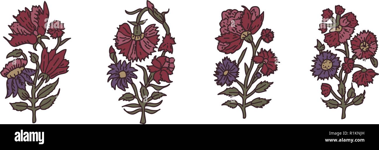 Set di 4 blocchi di legno stampa elementi floreali. Tradizionali orientali motivi etnici di India, fiori di garofano. Per il vostro design. Illustrazione Vettoriale