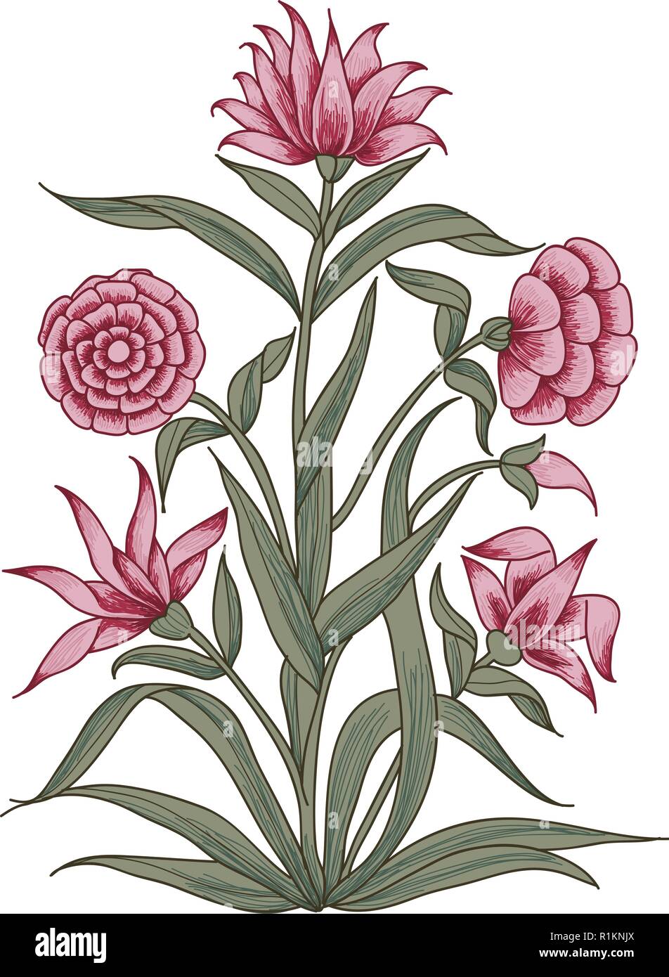 Blocco di legno vettore stampa elemento floreale. Tradizionale orientale motivo etnico dell India Mogul, mazzo di garofani rosa isolato su sfondo bianco. Illustrazione Vettoriale