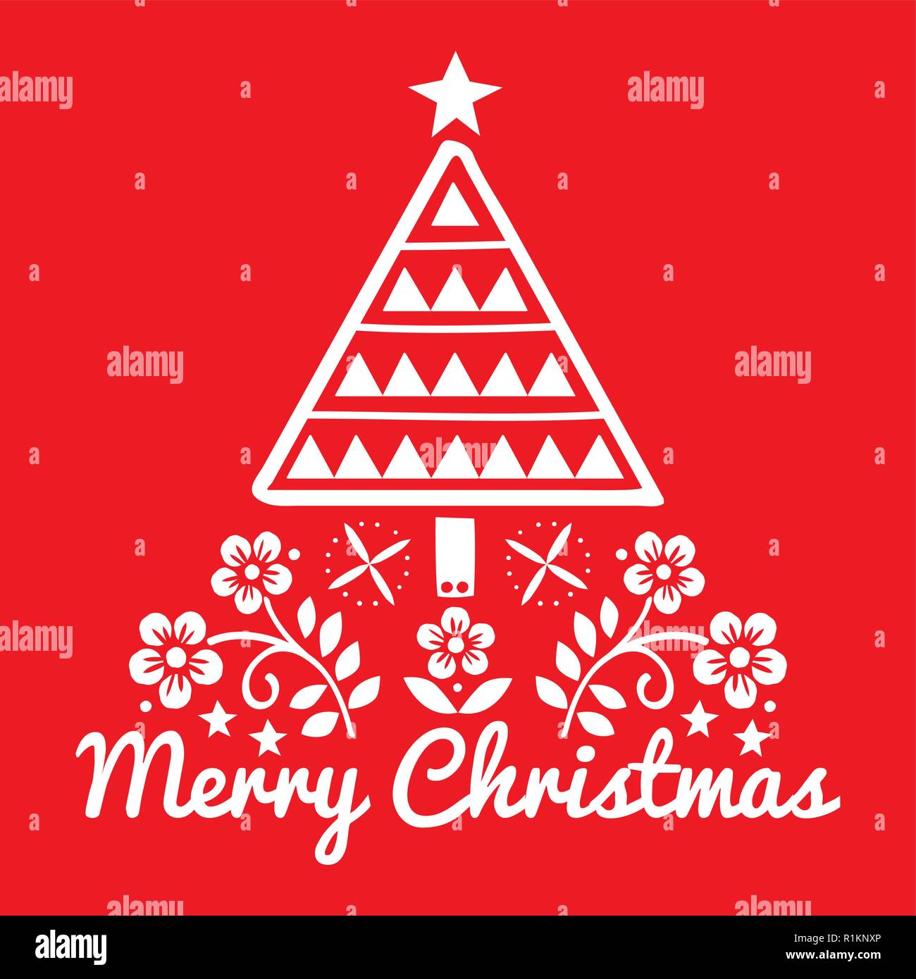 Natale arte popolare biglietto di auguri con albero di Natale e fiori pattern in bianco su sfondo rosso - Buon Natale decorazione Illustrazione Vettoriale