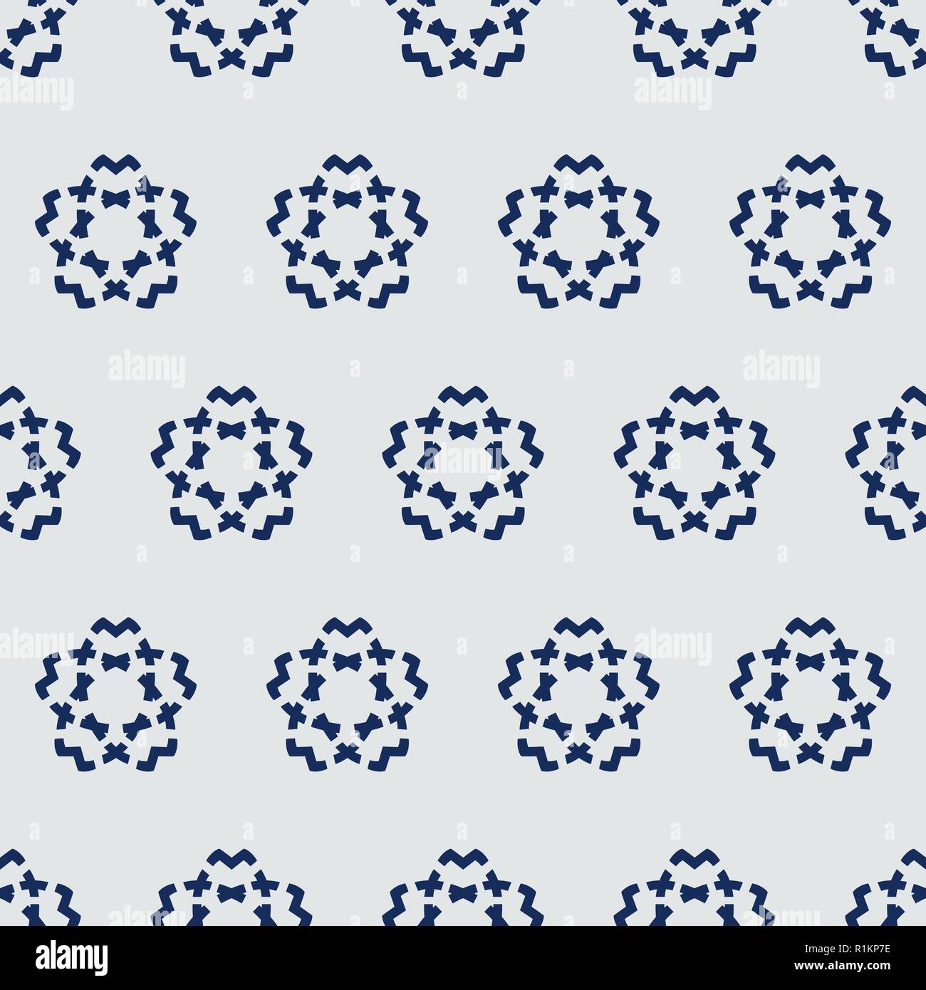 Tintura indaco seamless pattern, tradizionale giapponese motivo geometrico con stencil di fiori di ciliegio. Blu scuro su sfondo ecru. Illustrazione Vettoriale