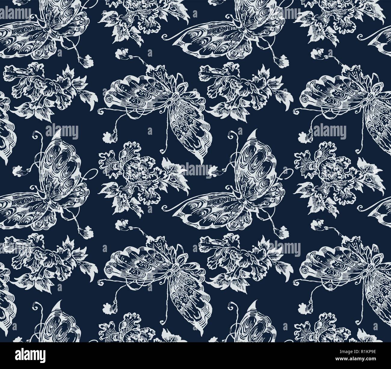Tintura indaco seamless pattern stencil, Giapponese Tradizionale motivo katazome con farfalle e peonia fiori. Ecru su sfondo blu scuro. Illustrazione Vettoriale