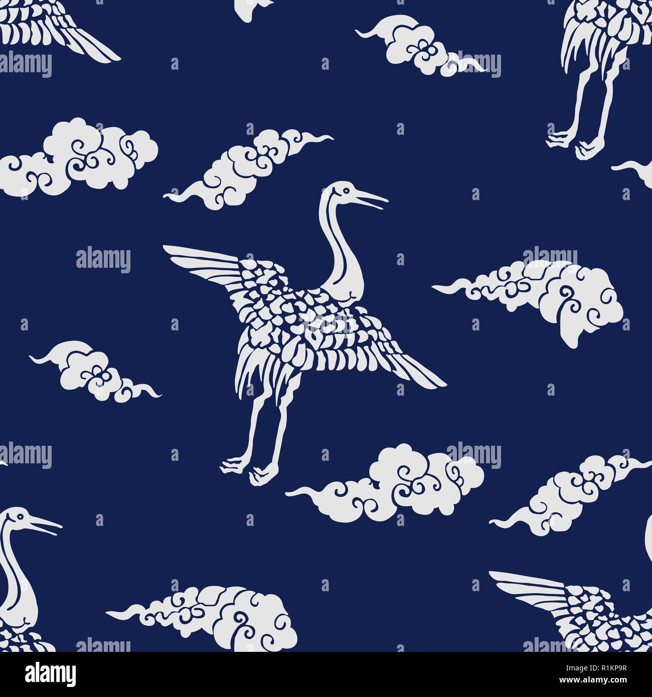 Tintura indaco seamless pattern stencil, giapponese il motivo tradizionale con gru e nuvole. Ecru su sfondo blu scuro. Illustrazione Vettoriale