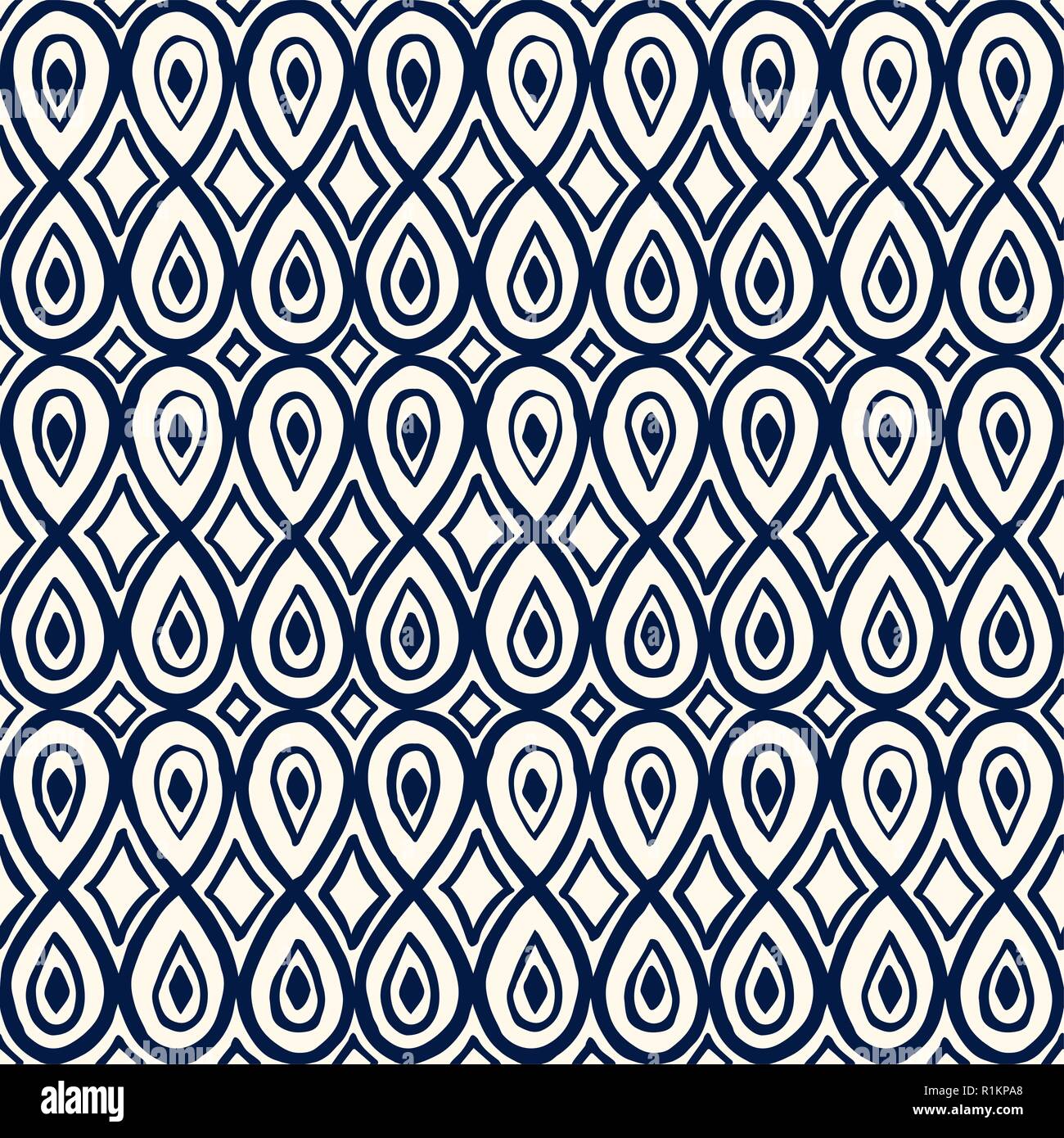 Etnica blu senza giunture ornamento, batik motif con lacrima e forme romboidali. Indigo su sfondo ecru. La stampa tessile. Illustrazione Vettoriale