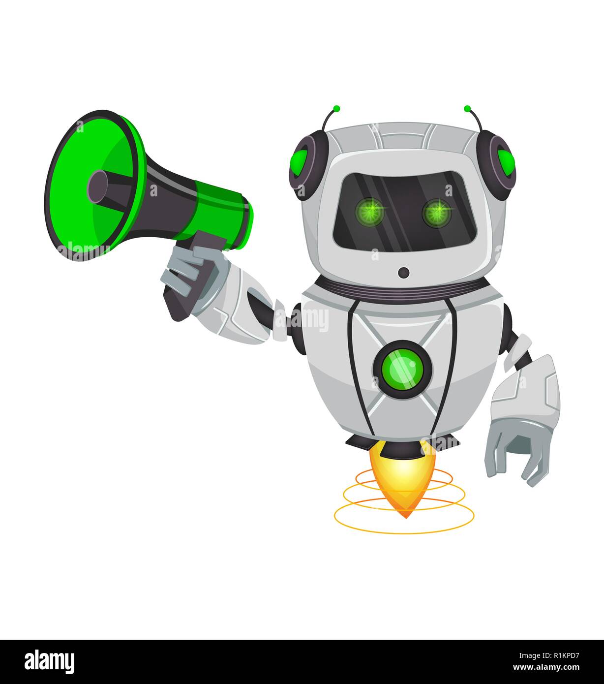 Robot con intelligenza artificiale, bot. Divertente personaggio dei fumetti detiene altoparlante. Umanoide organismo cibernetico. Future Concept. Illustrazione Vettoriale Illustrazione Vettoriale