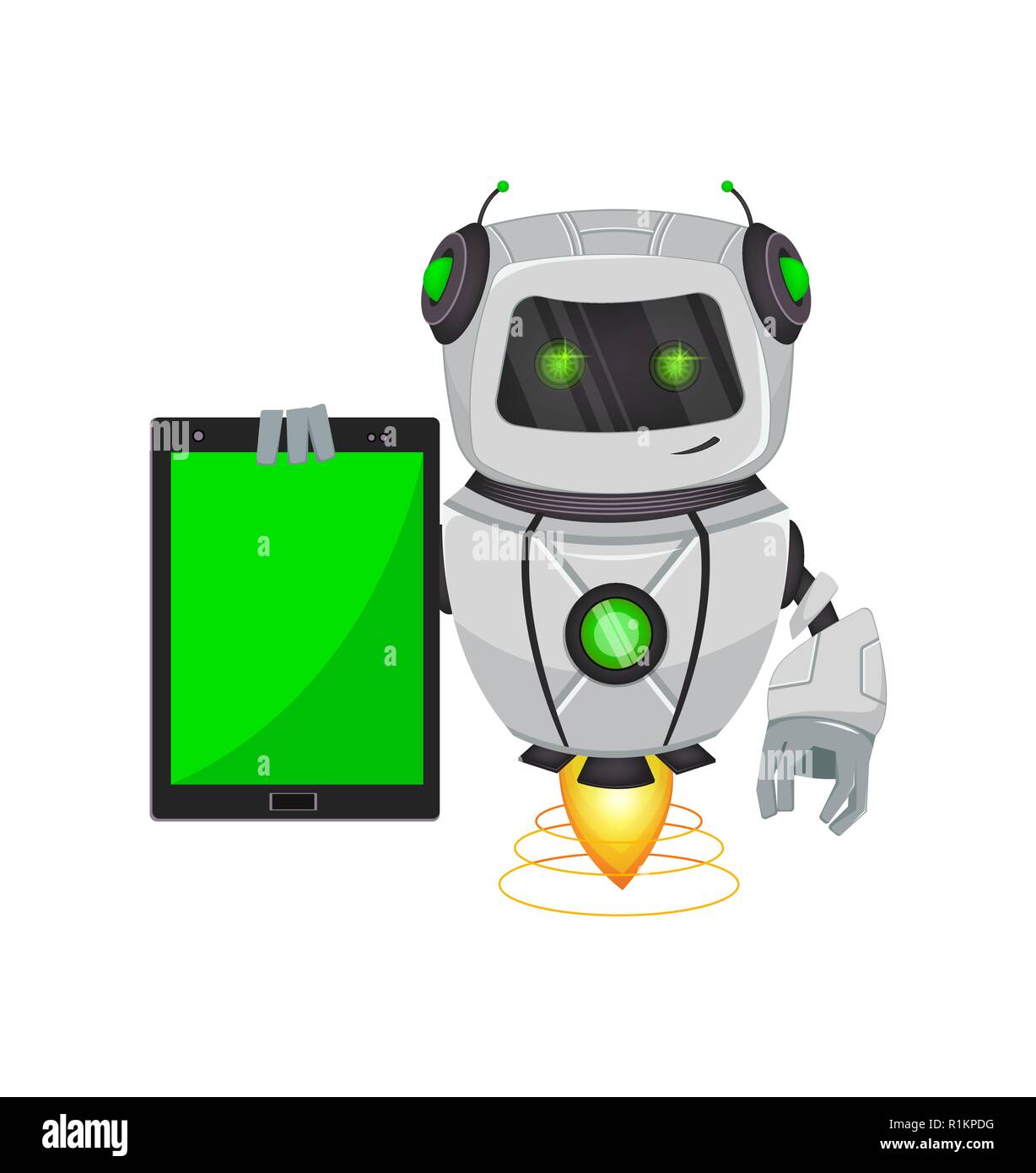 Robot con intelligenza artificiale, bot. Divertente personaggio dei fumetti trattiene compressa. Umanoide organismo cibernetico. Future Concept. Illustrazione Vettoriale Illustrazione Vettoriale