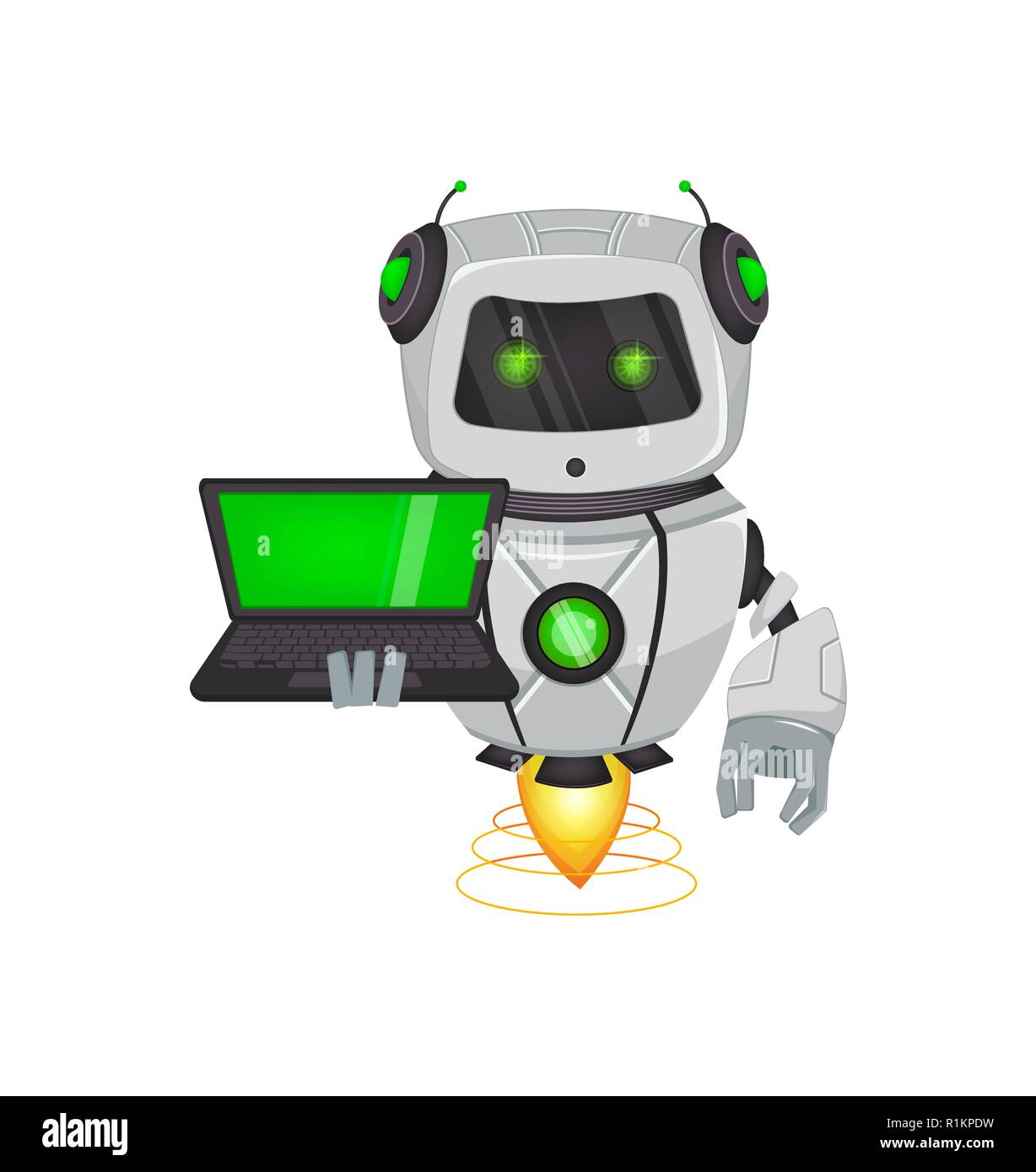 Robot con intelligenza artificiale, bot. Divertente personaggio dei fumetti detiene il computer portatile. Umanoide organismo cibernetico. Future Concept. Illustrazione Vettoriale Illustrazione Vettoriale