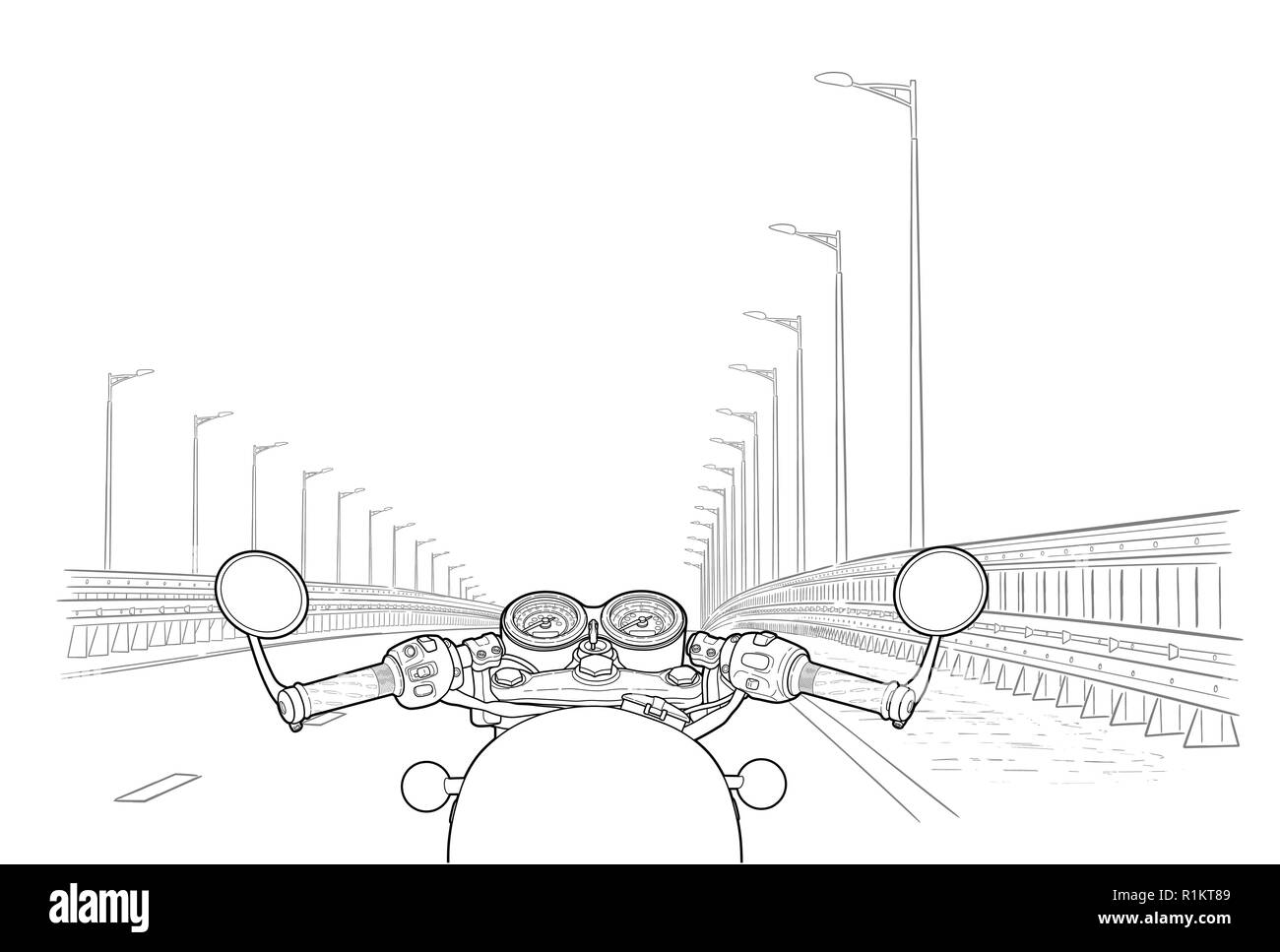 Alla guida di una motocicletta su una autostrada. Vettore di piatto. Illustrazione Vettoriale