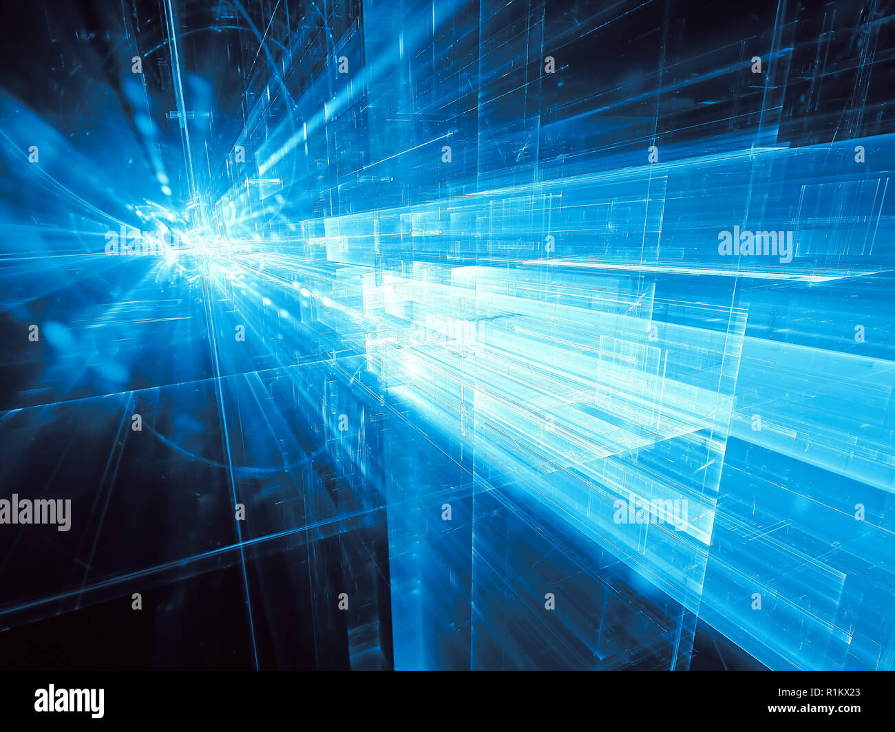 Blue futura tecnologia o fantascienza dello sfondo. Calcolatore astratto-immagine generata. Geometria Frattale: blocchi di caos e burst con raggi. Per il web d Foto Stock