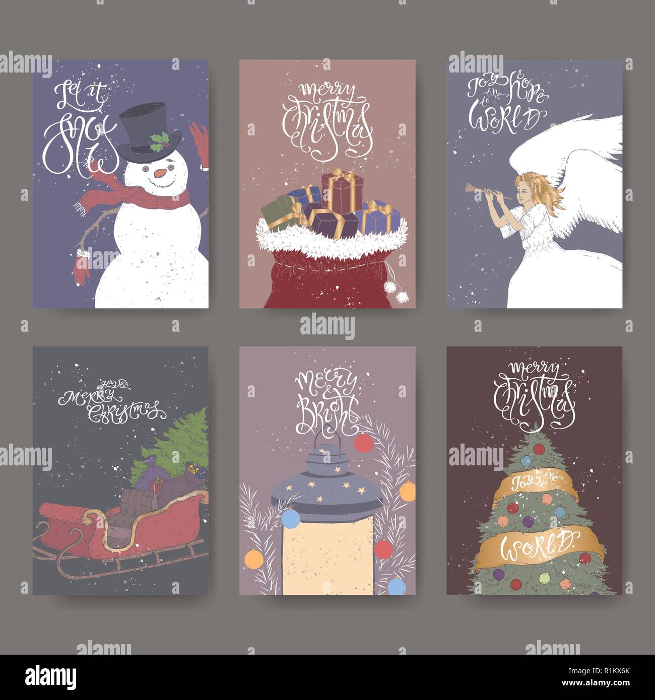 Set di sei banner a colori con spazzola lettering saluto, mattatore, Angelo, slitta, lanterna, albero di Natale e borsa regalo. Illustrazione Vettoriale