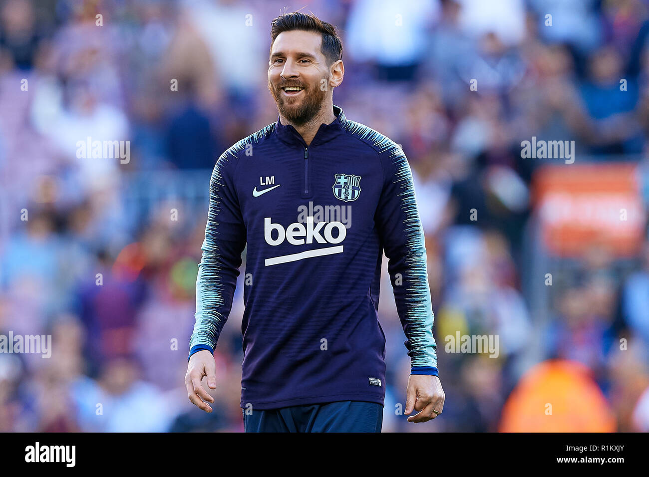 Barcellona, Spagna - 11 novembre: Leo Messi del FC Barcelona sorrisi prima della La Liga match tra FC Barcelona e Real Betis Balompie al Camp Nou il 11 novembre 2018 a Barcellona, Spagna. (Foto di David Aliaga/MB Media) Foto Stock