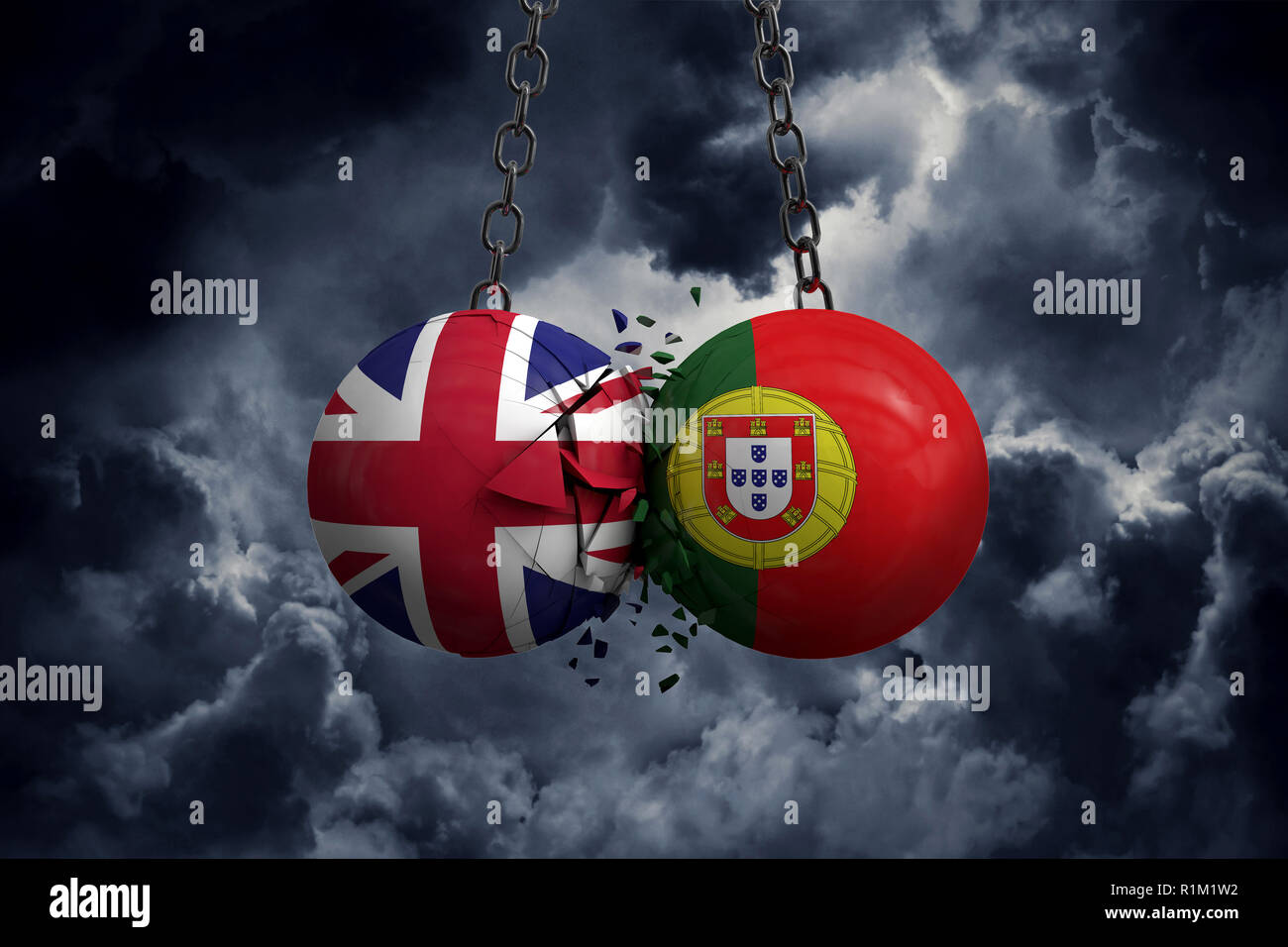 Regno Unito e Portogallo bandiera sfere politiche smash in ogni altro. Il rendering 3D Foto Stock