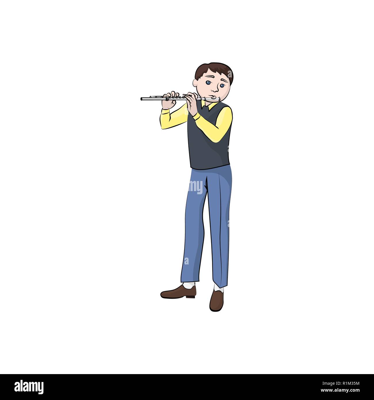 Man (boy) suona il flauto. Vettore Illustrazione a colori. Illustrazione Vettoriale