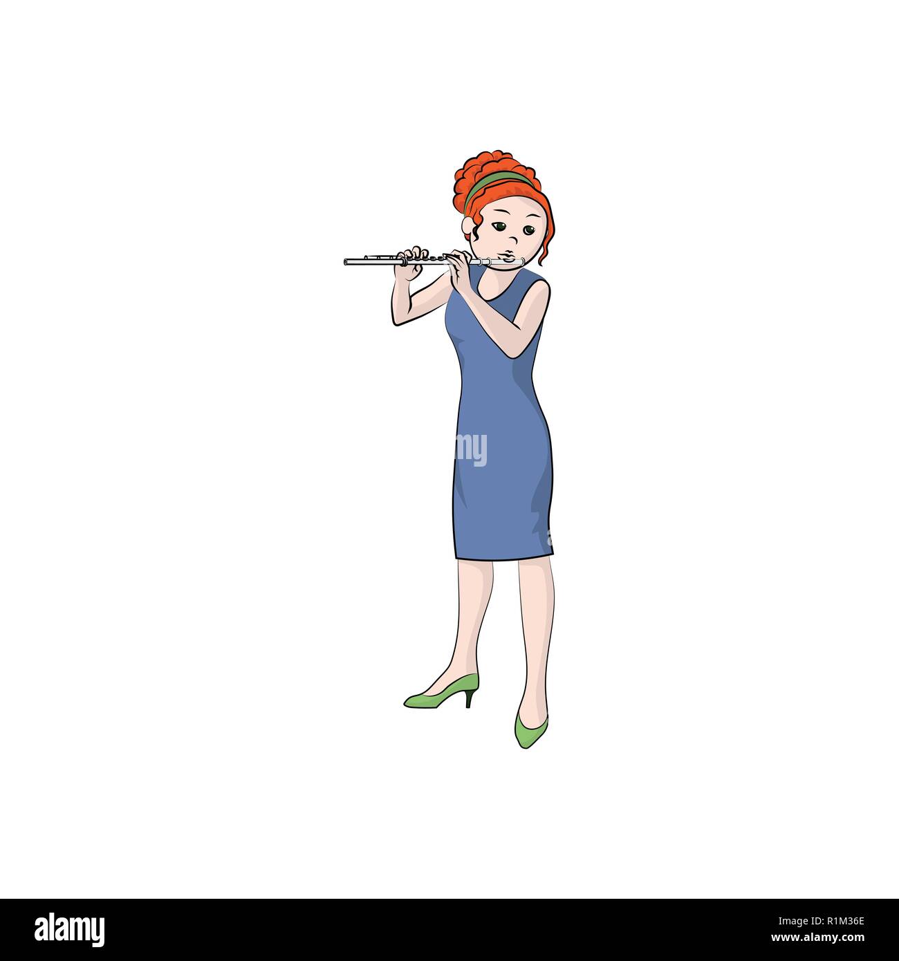 La ragazza (donna) suona il flauto. Vettore Illustrazione a colori. Illustrazione Vettoriale