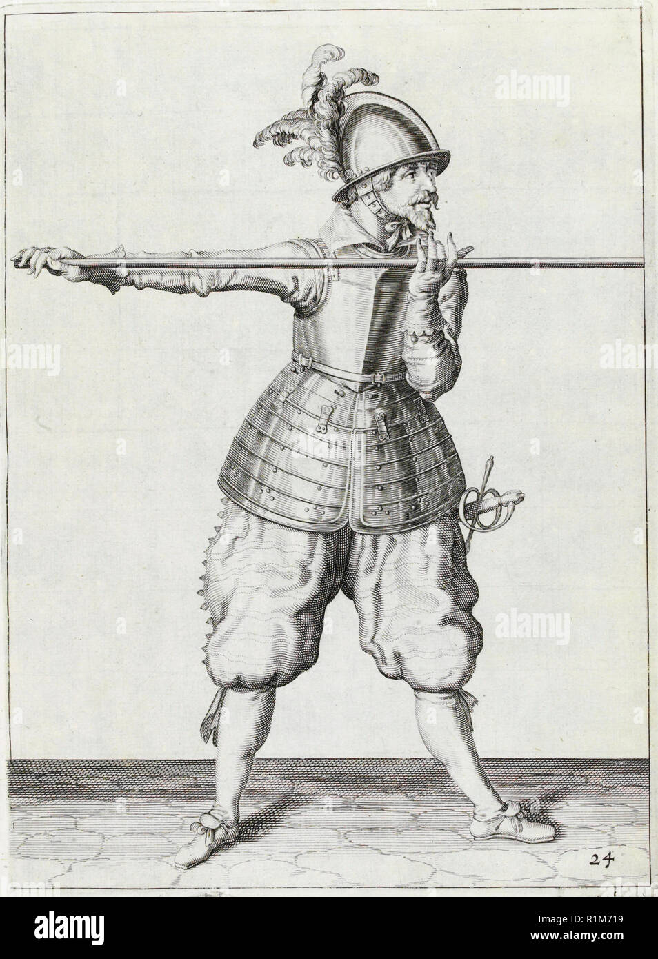 Pikeman, illustrazione da "la manipolazione di armi, Arquebus, moschetti e picche", 1608 (incisione) di Jacob de Gheyn. Amsterdam, 1608 Foto Stock