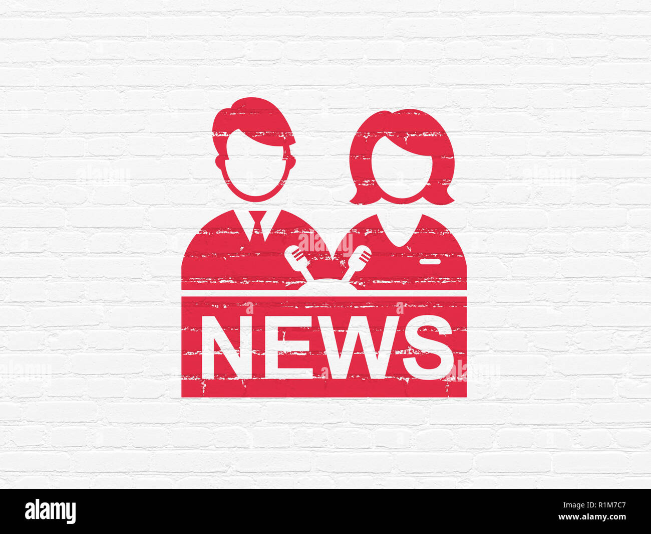 News concept: Anchorman sul muro di mattoni in background Foto Stock