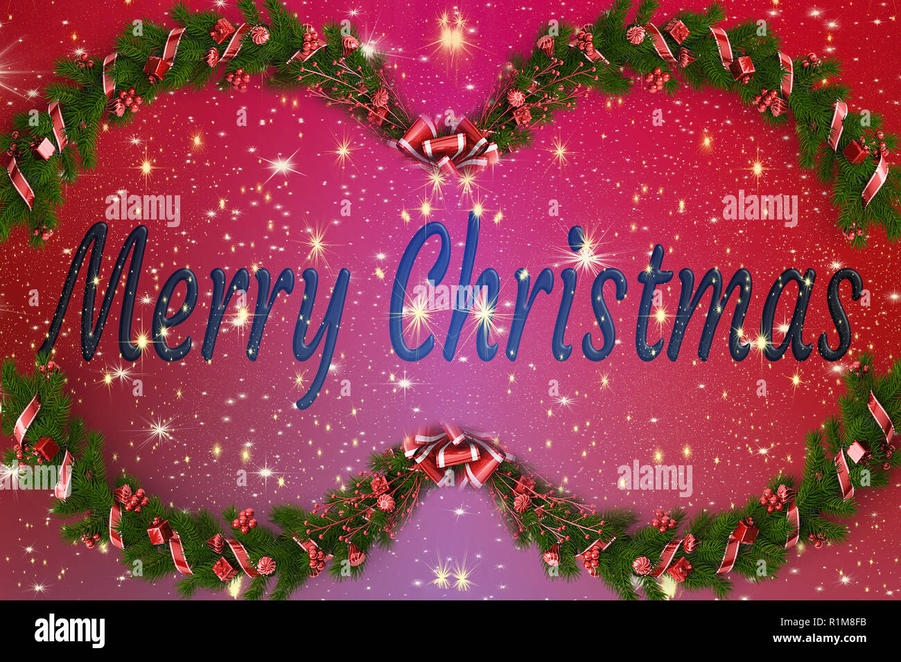 Albero di natale rami con bacche rosse decorazione rosso sul gradiente dello sfondo con le stelle Foto Stock