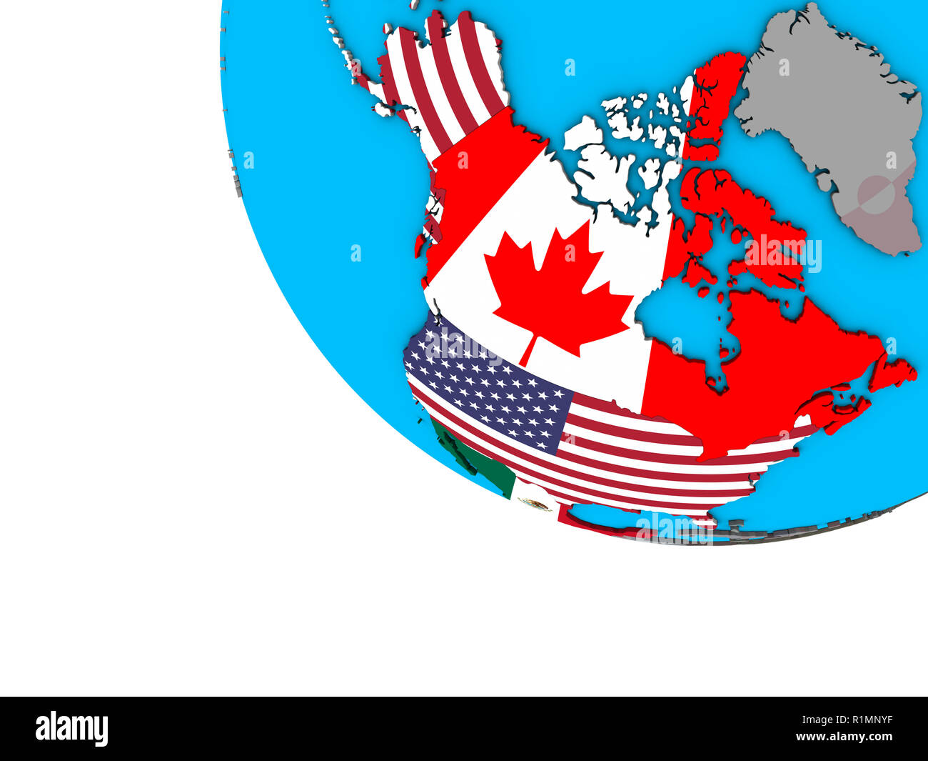 Il NAFTA memeber membri con embedded bandiere nazionali su semplice globo 3D. 3D'illustrazione. Foto Stock