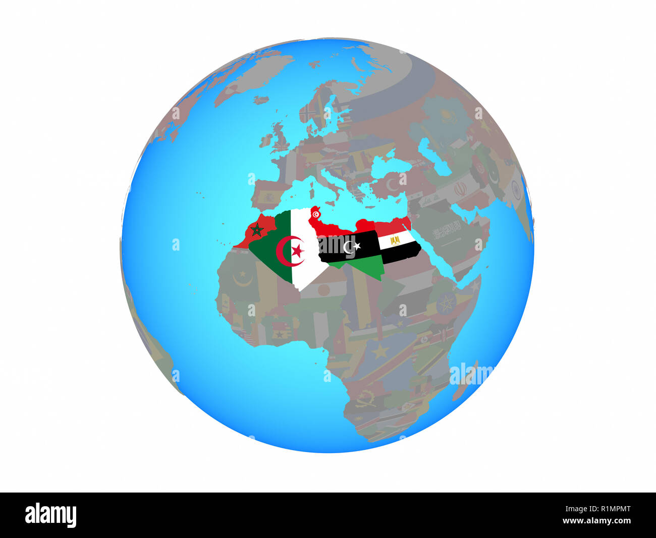 Il nord Africa con bandiere nazionali sul blu globo politico. 3D illustrazione isolati su sfondo bianco. Foto Stock