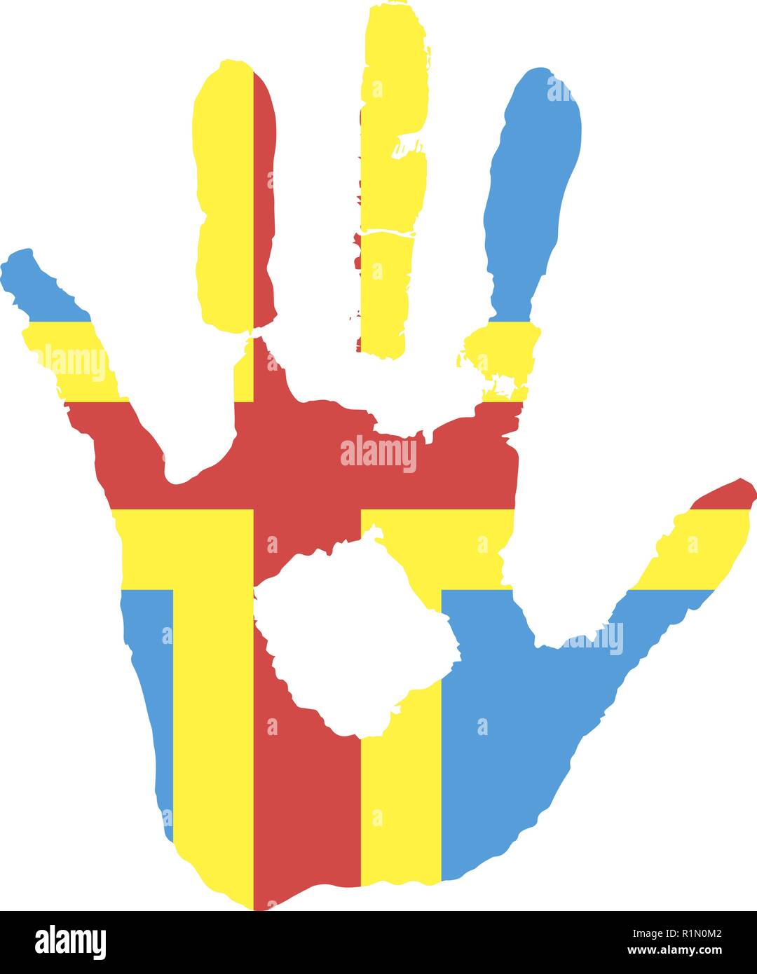 Blu, giallo, il colore rosso della bandiera. handprint vettore in forma di bandiera delle isole Aland. Illustrazione Vettoriale