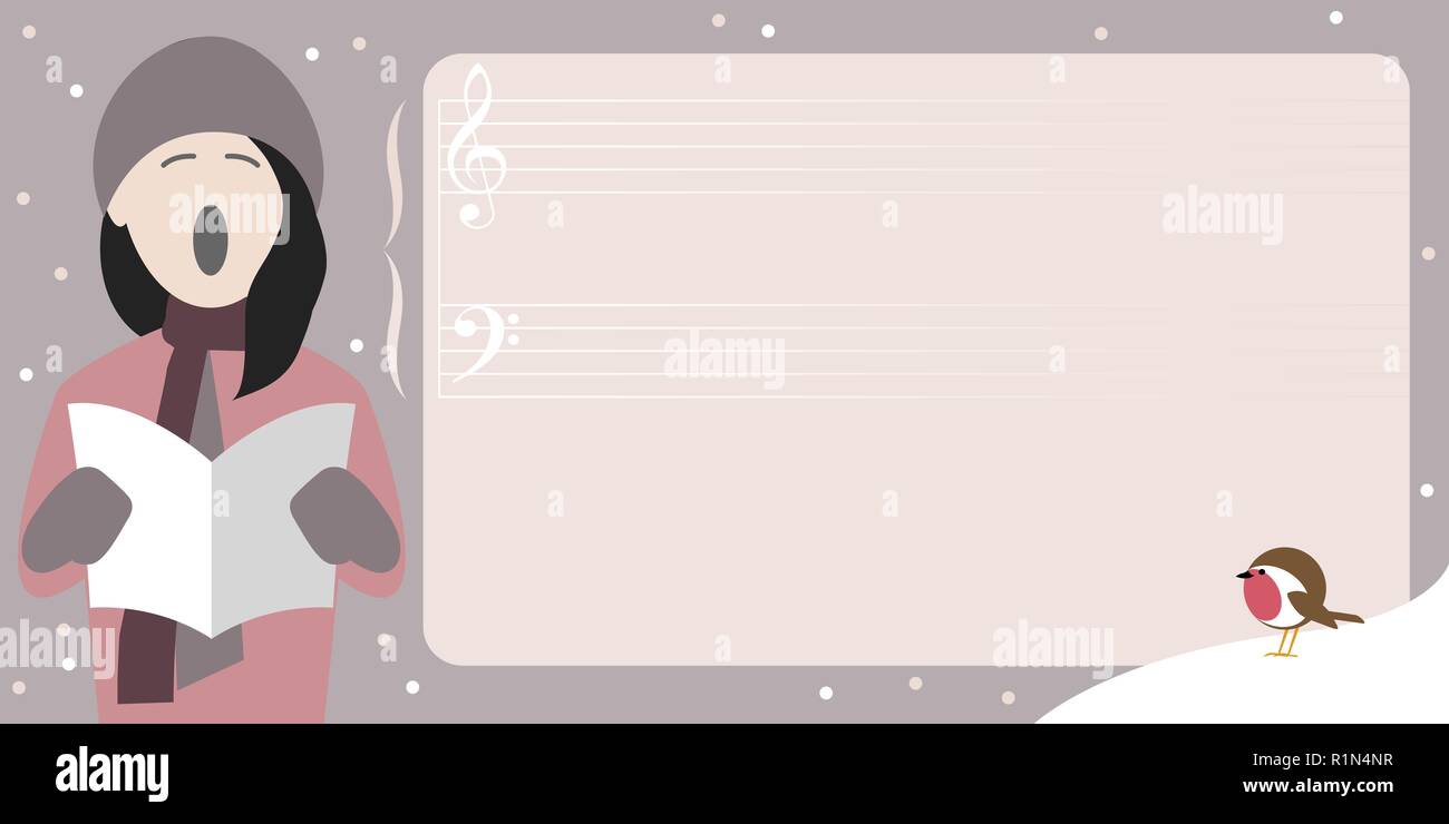 Natale template poster con la giovane ragazza di cantare un canto di Natale e la camera per il testo Illustrazione Vettoriale
