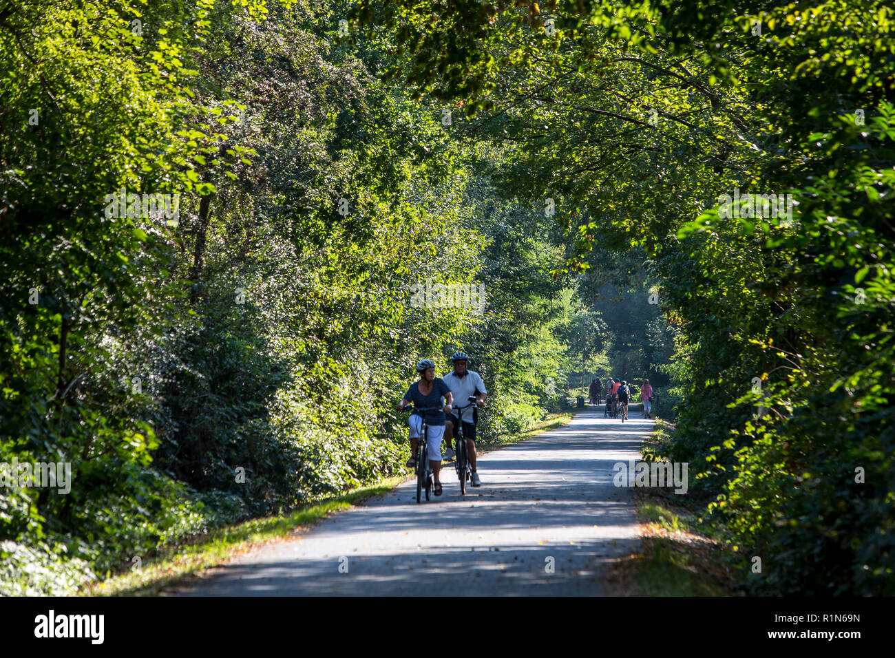 Grugatrasse, ex linea ferroviaria, ora una bici e il passaggio da Essen-Steele via Essen-RŸttenscheid, MŸlheim an der Ruhr, circa 12 chilometri, c Foto Stock