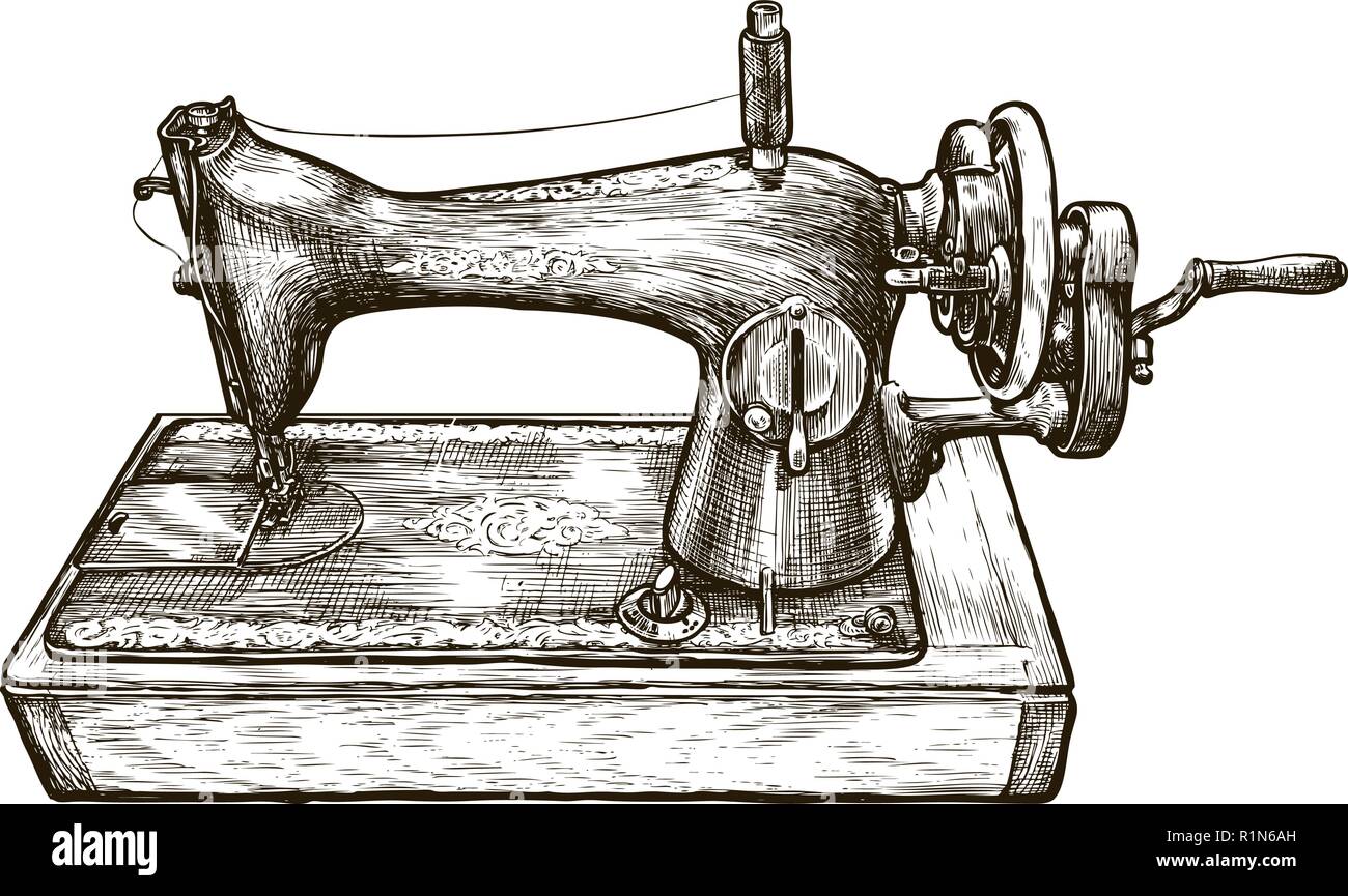 Vintage macchina da cucire, schizzo. Studio su misura, workshop di cucitura, il concetto di artigianato. Illustrazione Vettoriale Illustrazione Vettoriale