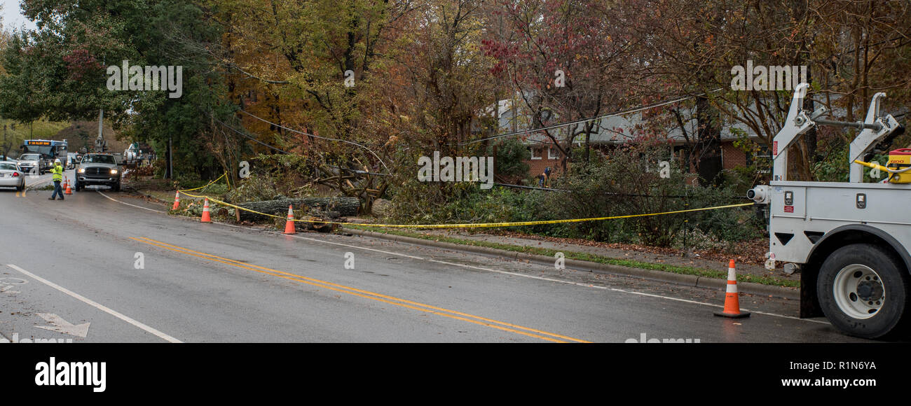 Carrboro, North Carolina, US-Novembre 13, 2018: i lavoratori la riparazione di linee di alimentazione dopo l'albero è caduto su di essi in tempesta Foto Stock