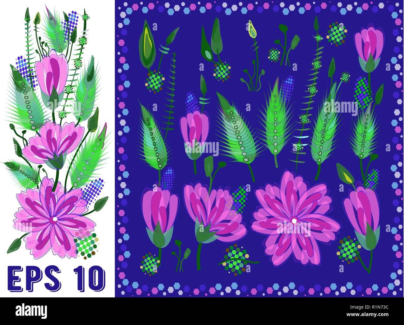 Set di elementi floreali con Rosa di tipo Daisy fiori, foglie e germogli. Vettore tracciato Flora botanico per la decorazione, invito a nozze, Modelli. Eps10 Illustrazione Vettoriale