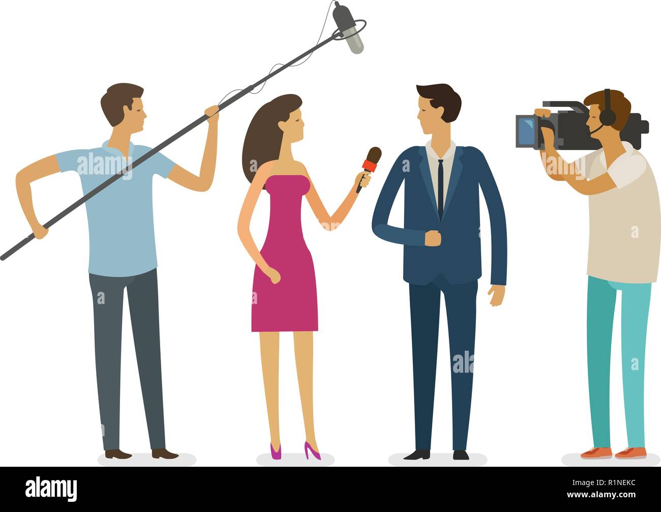 Intervista con i giornalisti. Video report, concetto di televisione. Fumetto illustrazione vettoriale Illustrazione Vettoriale
