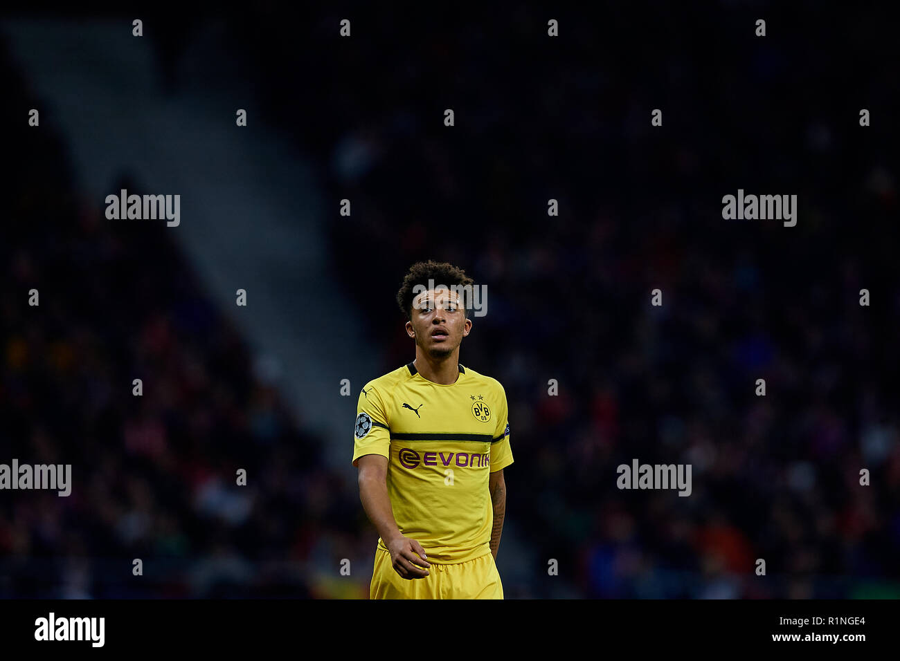 MADRID, Spagna - 06 novembre: Jadon Sancho del Borussia Dortmund si affaccia su durante il gruppo a una partita della UEFA Champions League tra il Club Atletico de Madrid e il Borussia Dortmund a Estadio Wanda Metropolitano il 6 novembre 2018 a Madrid, Spagna. (MB Media) Foto Stock