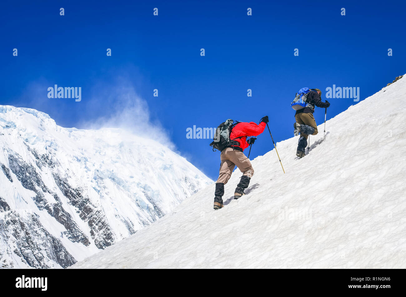 Due mountain backpackers camminando sulla ripida collina con vette innevate sullo sfondo, Himalaya Foto Stock