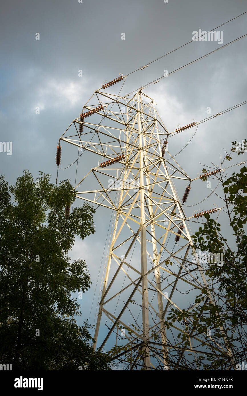 Elettricità britannica pilone con sky , REGNO UNITO Foto Stock