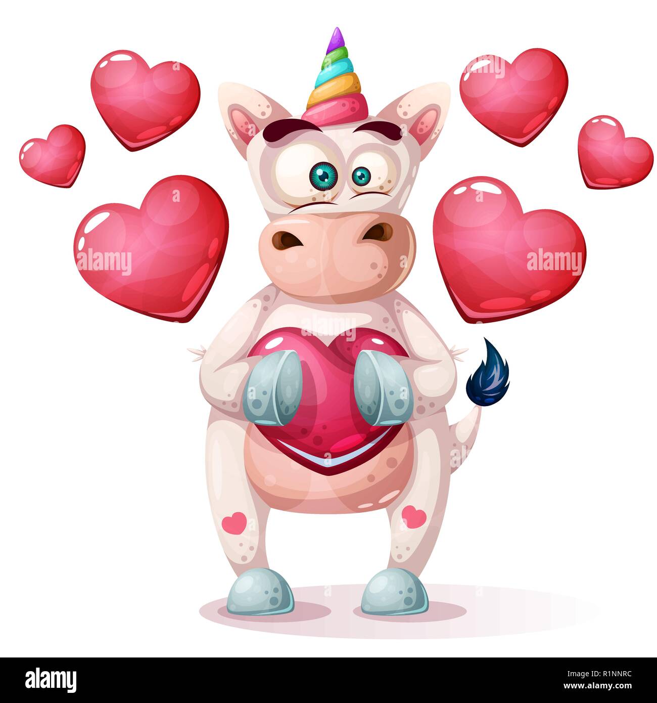 Cartoon unicorn caratteri. Cuore e Amore. Illustrazione Vettoriale