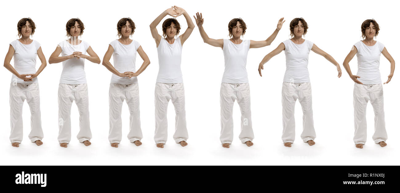 Ba duan jin il primo esercizio uno da otto pezzi di brocade Chigong Quigong, Immagine 1/8 " due mani tenere alto il cielo Foto Stock