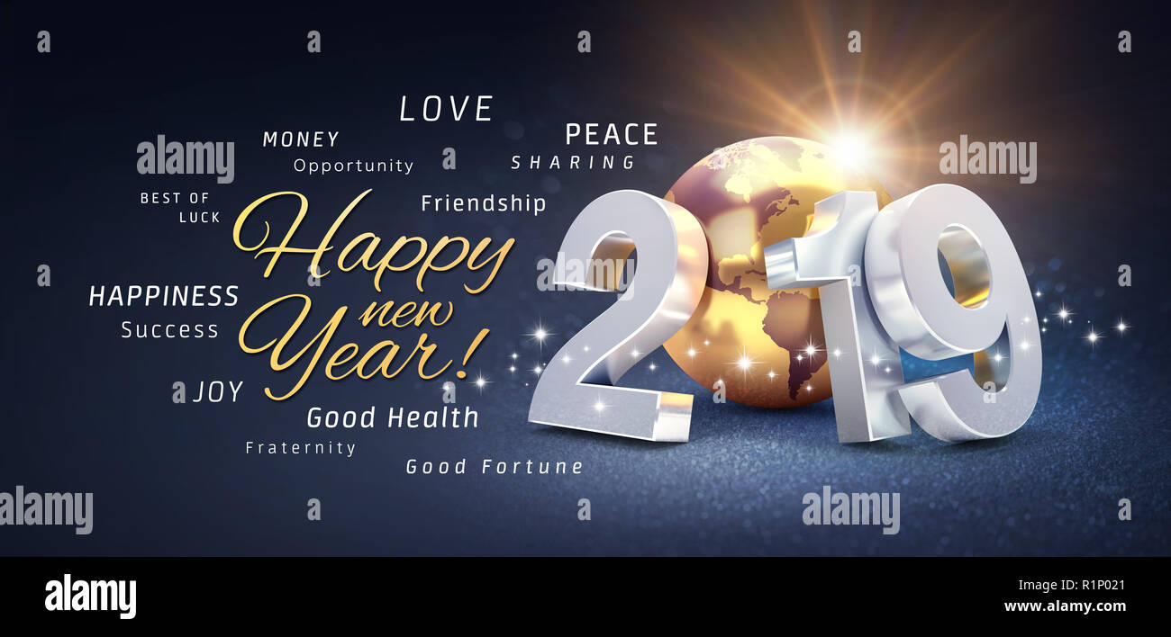 Felice Anno Nuovo auguri, auguri e 2019 data numero, composta con il pianeta terra colorata in oro, su una festosa sfondo nero con brillantini per un Foto Stock