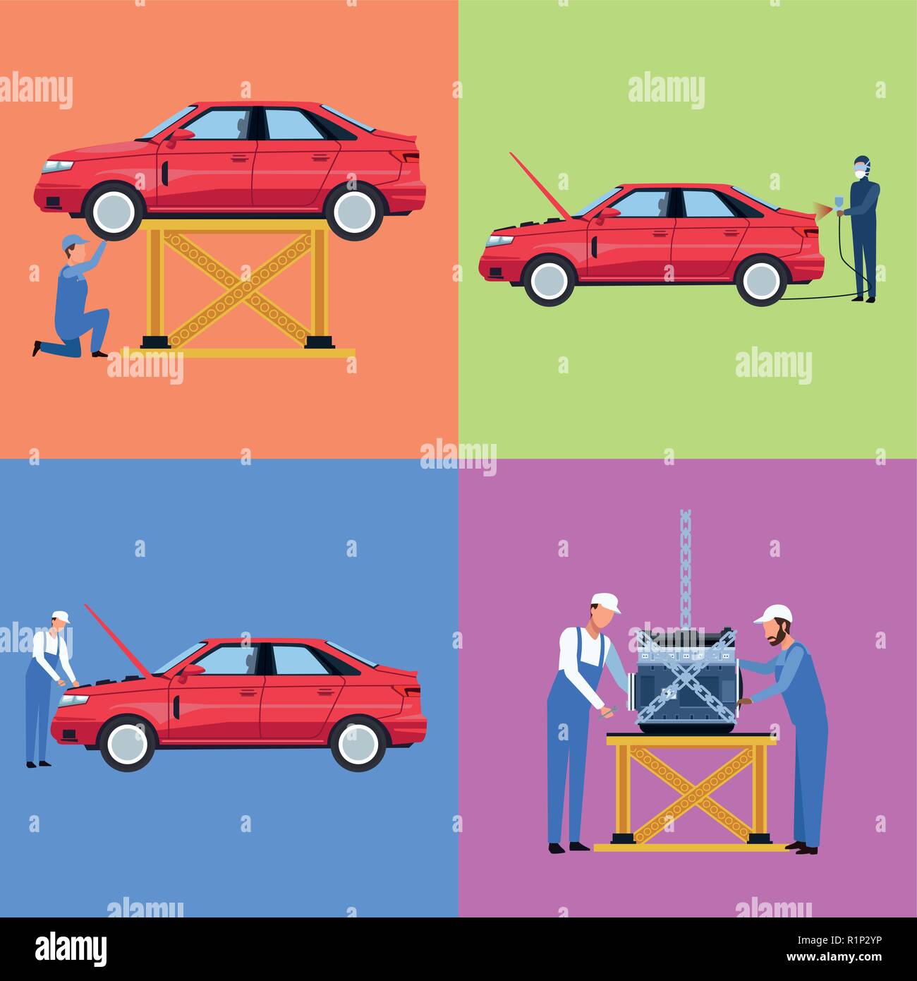 Impostare dei lavoratori nella fabbrica di automobili collezione illustrazione vettoriale graphic design Illustrazione Vettoriale