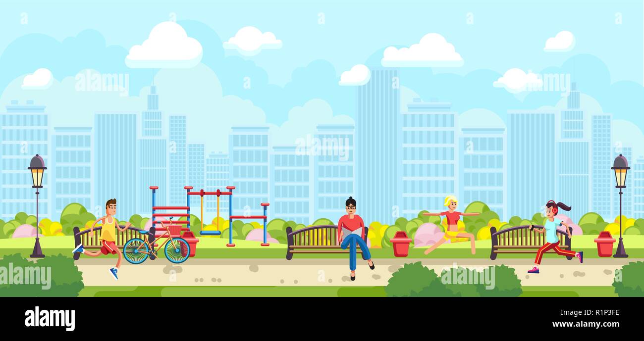 Uno stile piatto di persone facendo sport in posizione di parcheggio Illustrazione Vettoriale