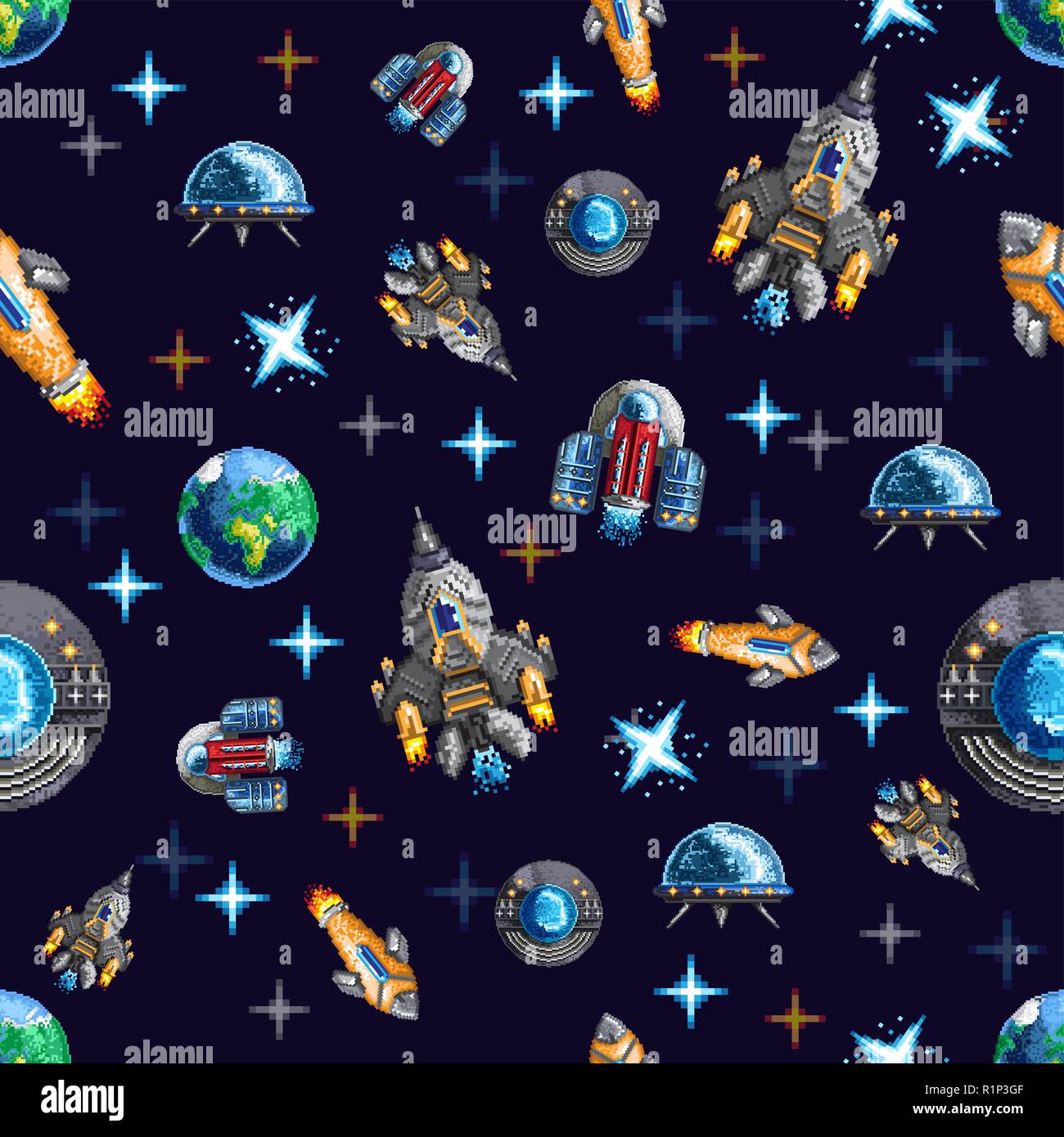 Colorato sfondo senza giunture con pixel navicelle spaziali Illustrazione Vettoriale