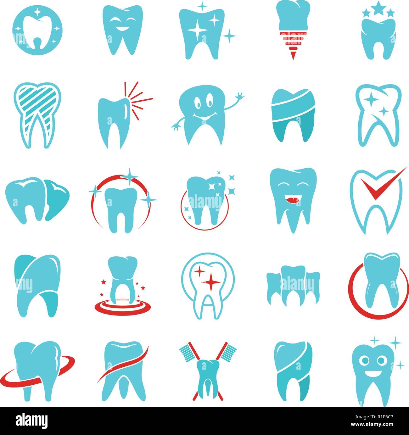 Dente di cura dentale logo set di icone. Illustrazione piatta di 25 denti cura dentale logo icone vettoriali per il web Illustrazione Vettoriale