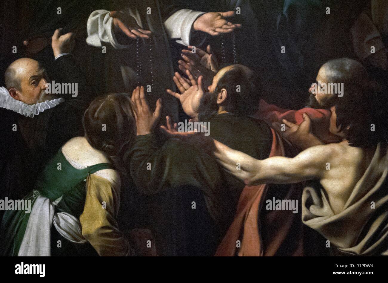 Caravaggio (1571-1610). Pittore italiano. Madonna del Rosario, 1607. Dettaglio. Olio su tela. 364,5 x 249, 5 cm. In stile barocco. Kunsthistorisches Museum di Vienna. Austria. Foto Stock