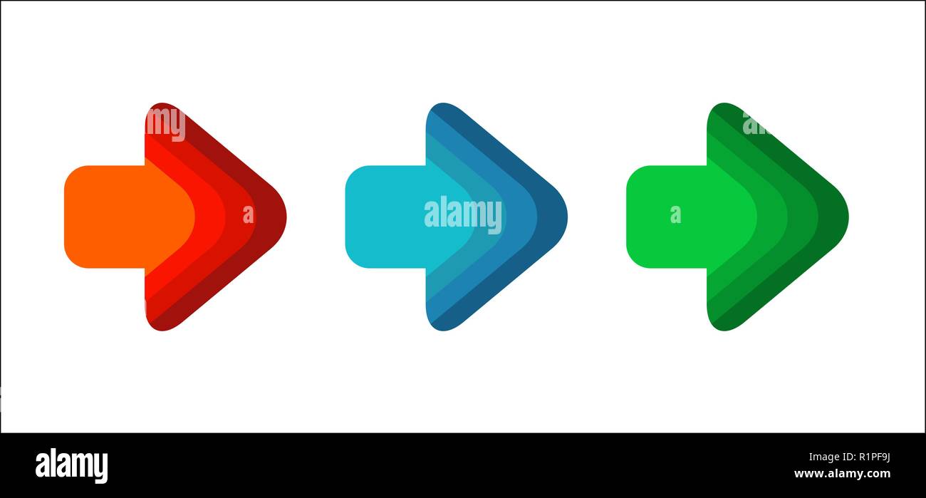 Set di colorate le frecce rivolte a destra. Nuove strisce luminose delle frecce per i vostri progetti. Dinamic isolati su sfondo bianco. Illustrazione Vettoriale
