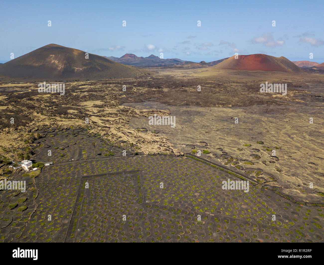 Vista aerea Montaña Negra e Caldera Colorada vulcano, campo di lava con i licheni, Lanzarote, Isole Canarie, Spagna. La produzione di vino Foto Stock