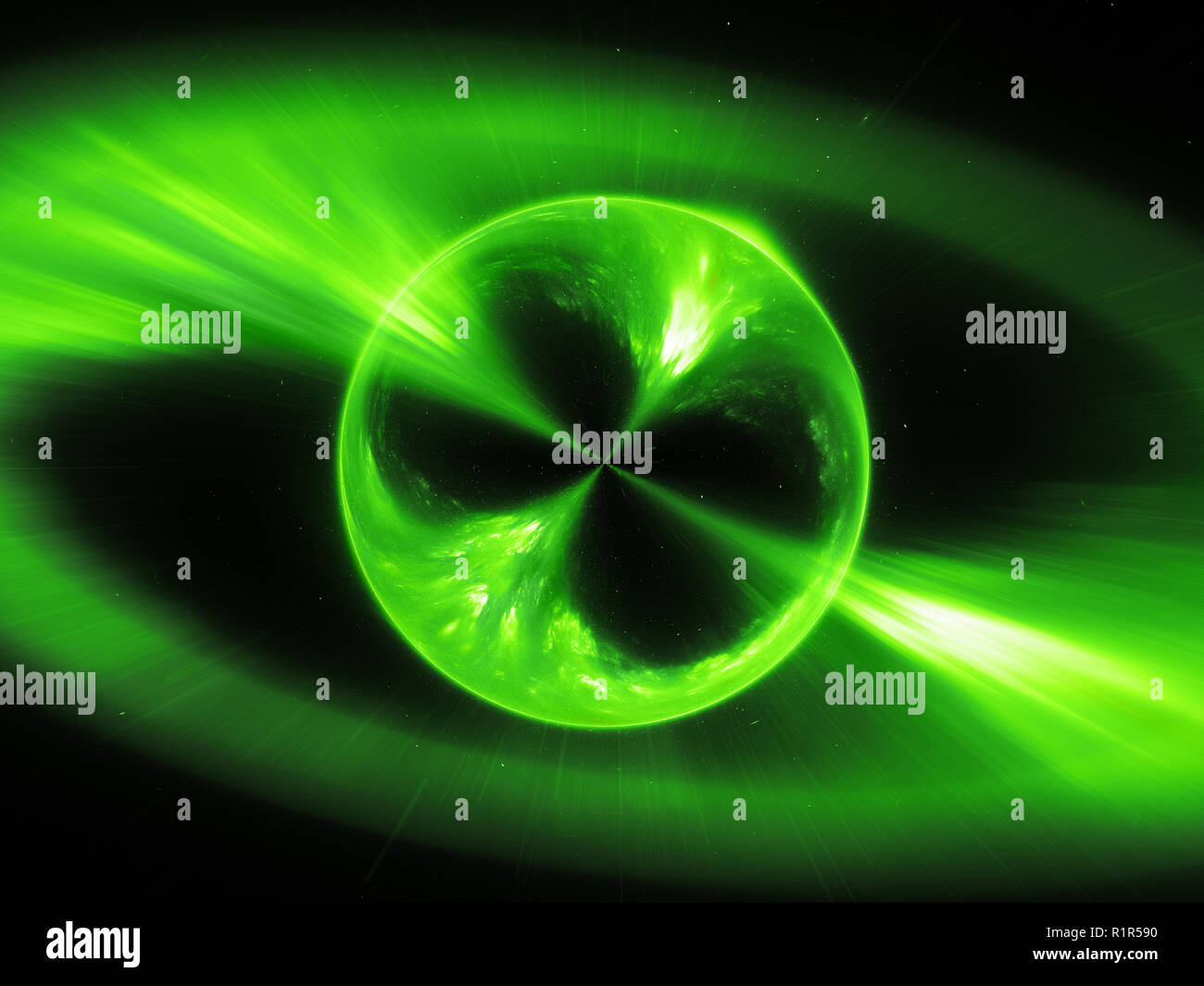 Incandescente verde supermassive mysterios oggetto nello spazio gamma ray burst, generato dal computer sfondo astratto, rendering 3D Foto Stock