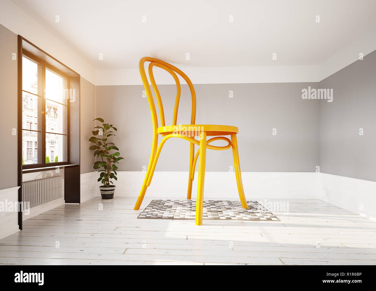 Sedia gigante in camera. 3D rendering concetto creativo Foto Stock