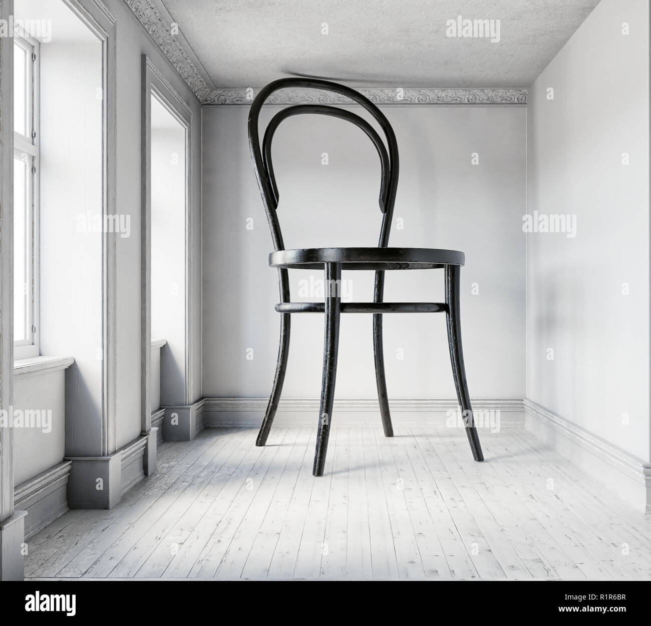 Sedia gigante in camera. 3D rendering concetto creativo Foto Stock